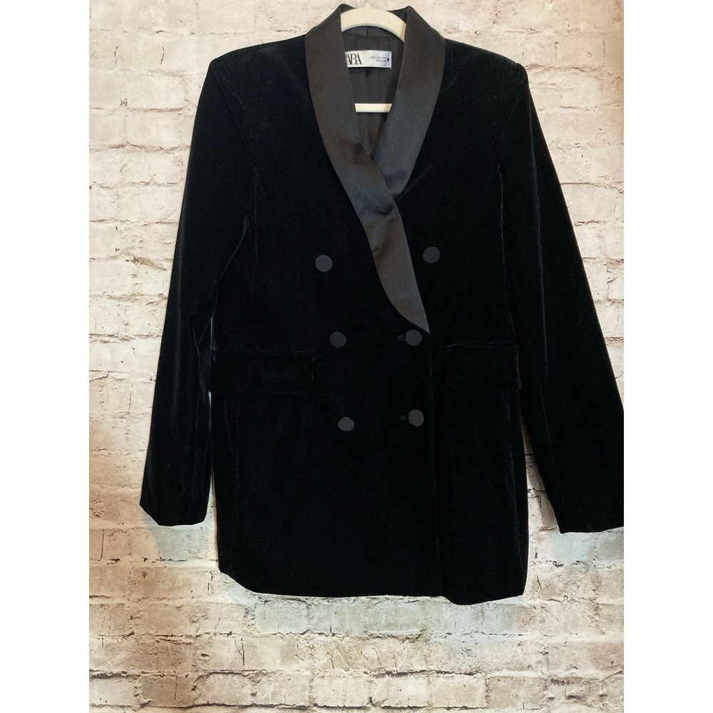 Zara Black Velvet Double Breasted Blazer Small Satin Lapel Smoking Jacket